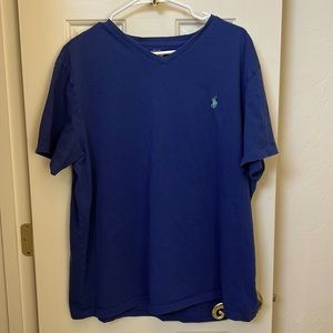 Ralph Lauren Men’s V-neck cotton dark blue tee with light blue logo.